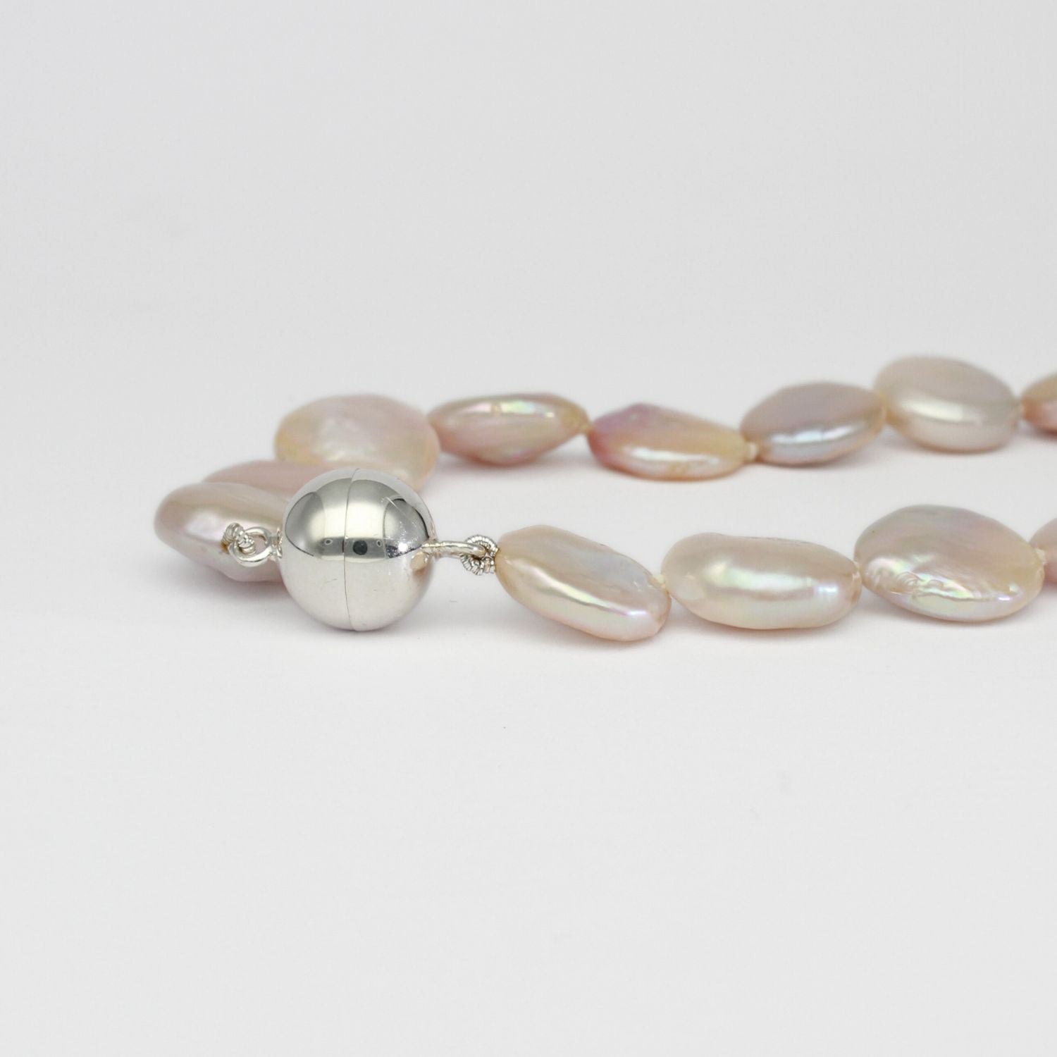 Pink coin pearl necklace with large round magnetic clasp