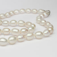 white barrel pearl necklace with silver clasp
