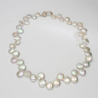White coin pearl necklace with silver sparkle magnetic clasp