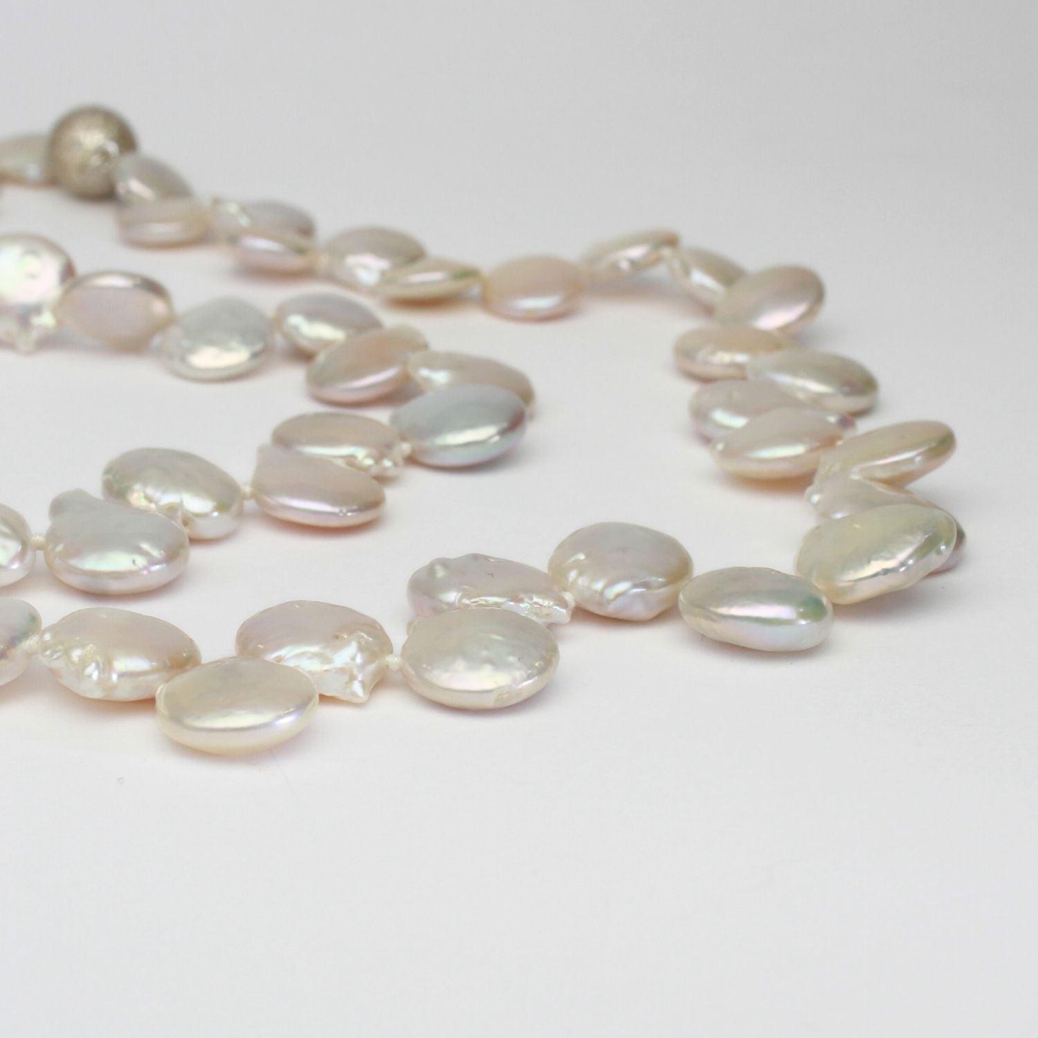 White coin pearl necklace with silver sparkle magnetic clasp