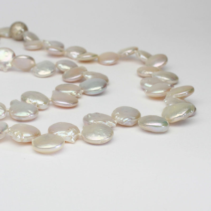 White coin pearl necklace with silver sparkle magnetic clasp