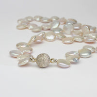 White coin pearl necklace with silver sparkle magnetic clasp