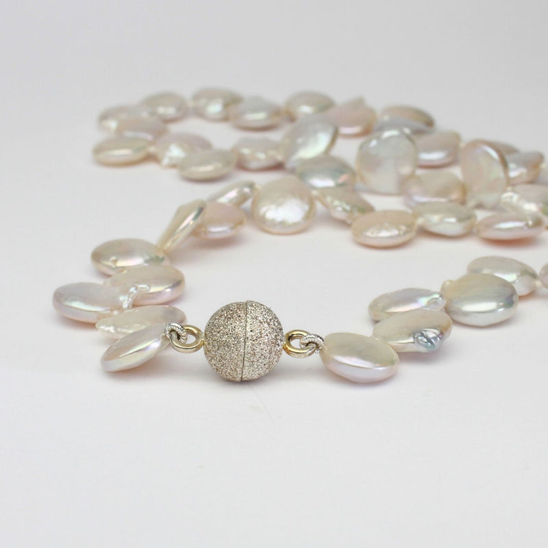 White coin pearl necklace with silver sparkle magnetic clasp