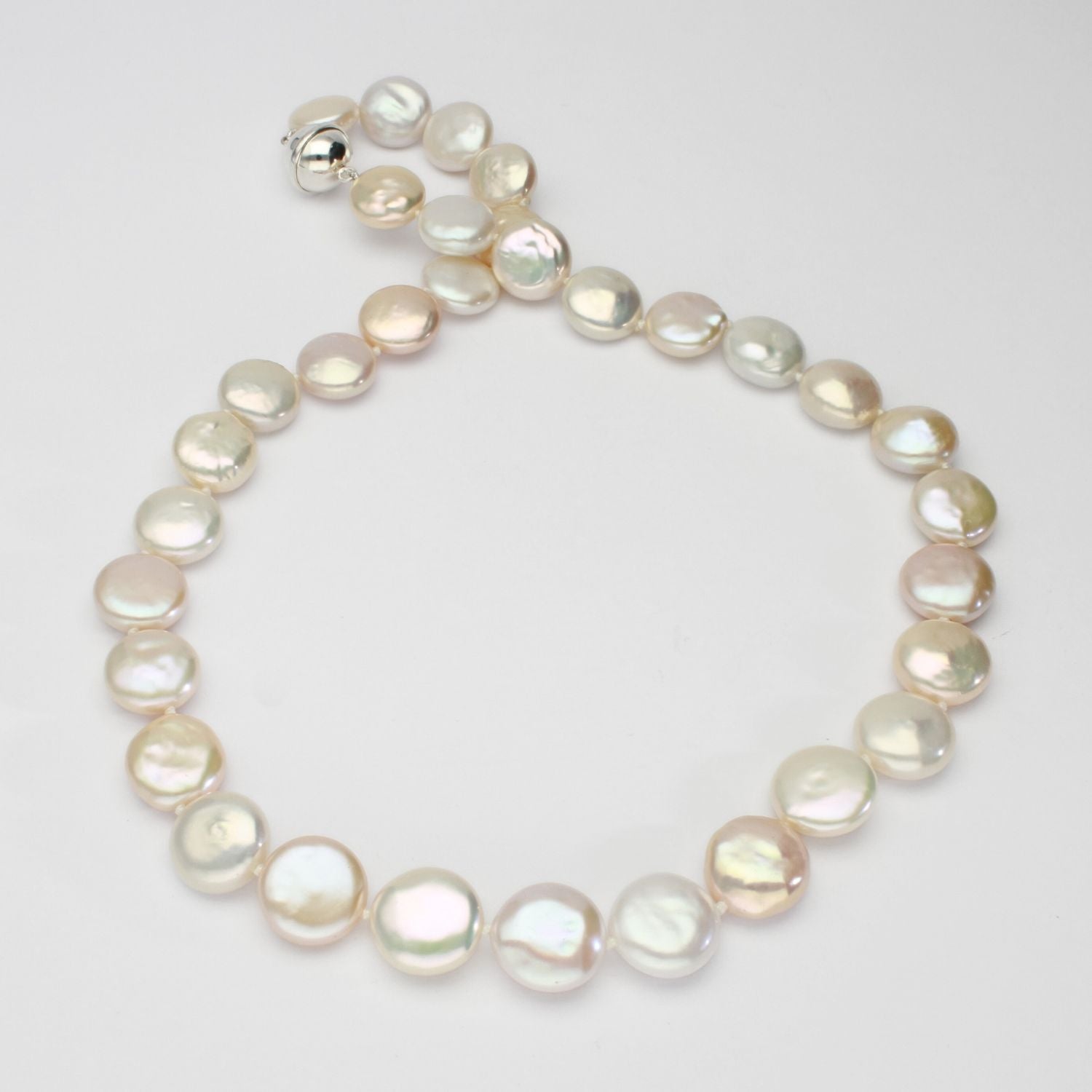 Mixed colour coin pearl necklace with silver magnetic clasp