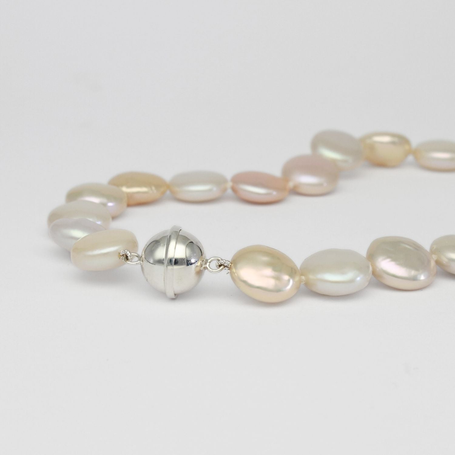 Mixed colour coin pearl necklace with silver magnetic clasp