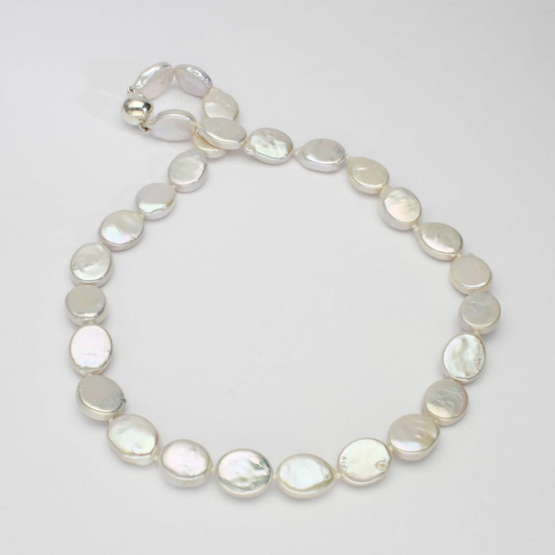 White oval coin pearl necklace with silver magnetic clasp