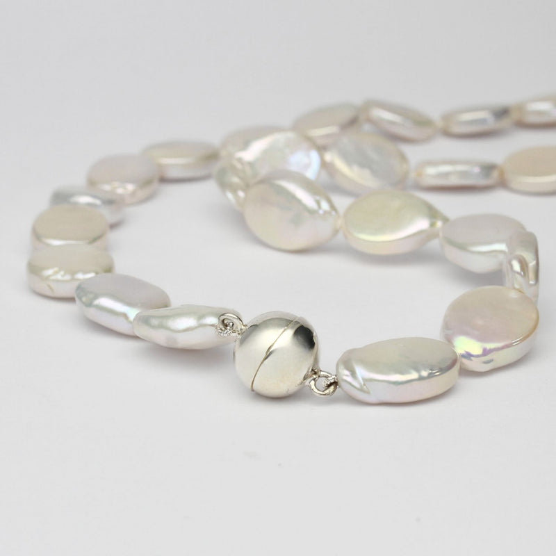 White oval coin pearl necklace with silver magnetic clasp