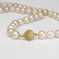 Mixed colour round pearl necklace with silver gold plated sparkle ball clasp