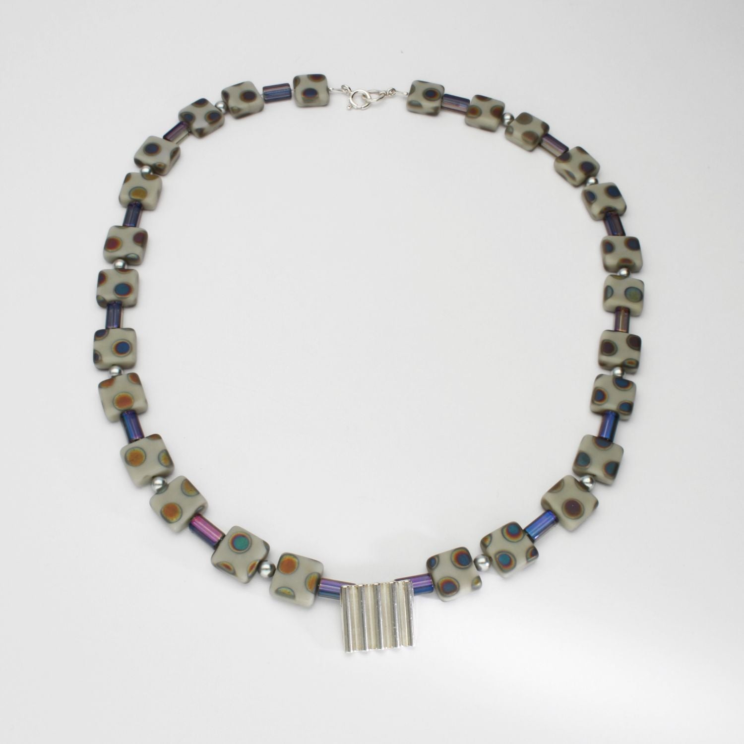 Silver square necklace with glass beads by Suzie Horan