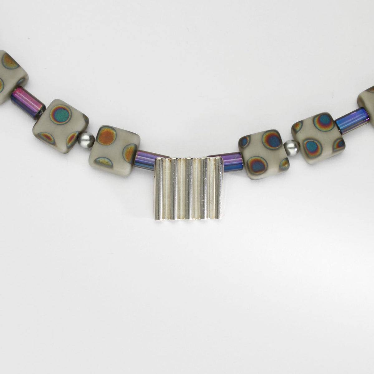 Silver square necklace with glass beads by Suzie Horan