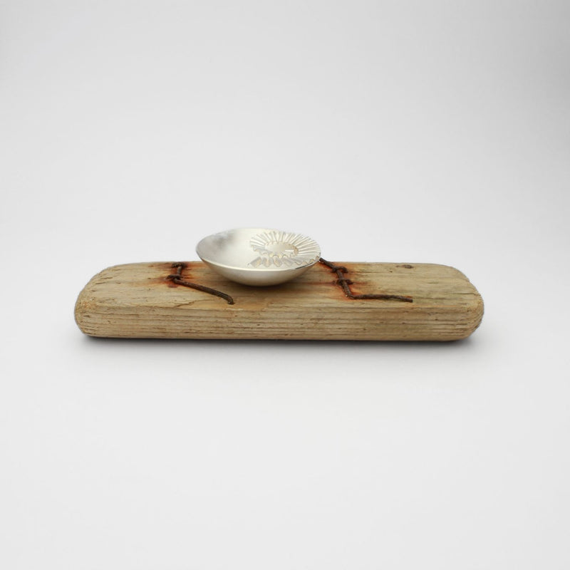 Silver ammonite bowl on small driftwood with nails by Suzie Horan