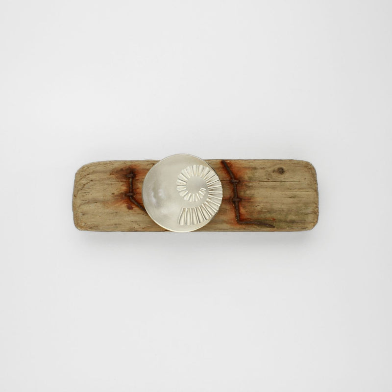Silver ammonite bowl on small driftwood with nails by Suzie Horan