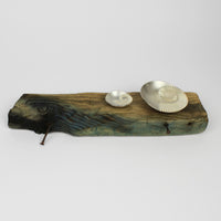2 silver ammonite bowls on driftwood by Suzie Horan