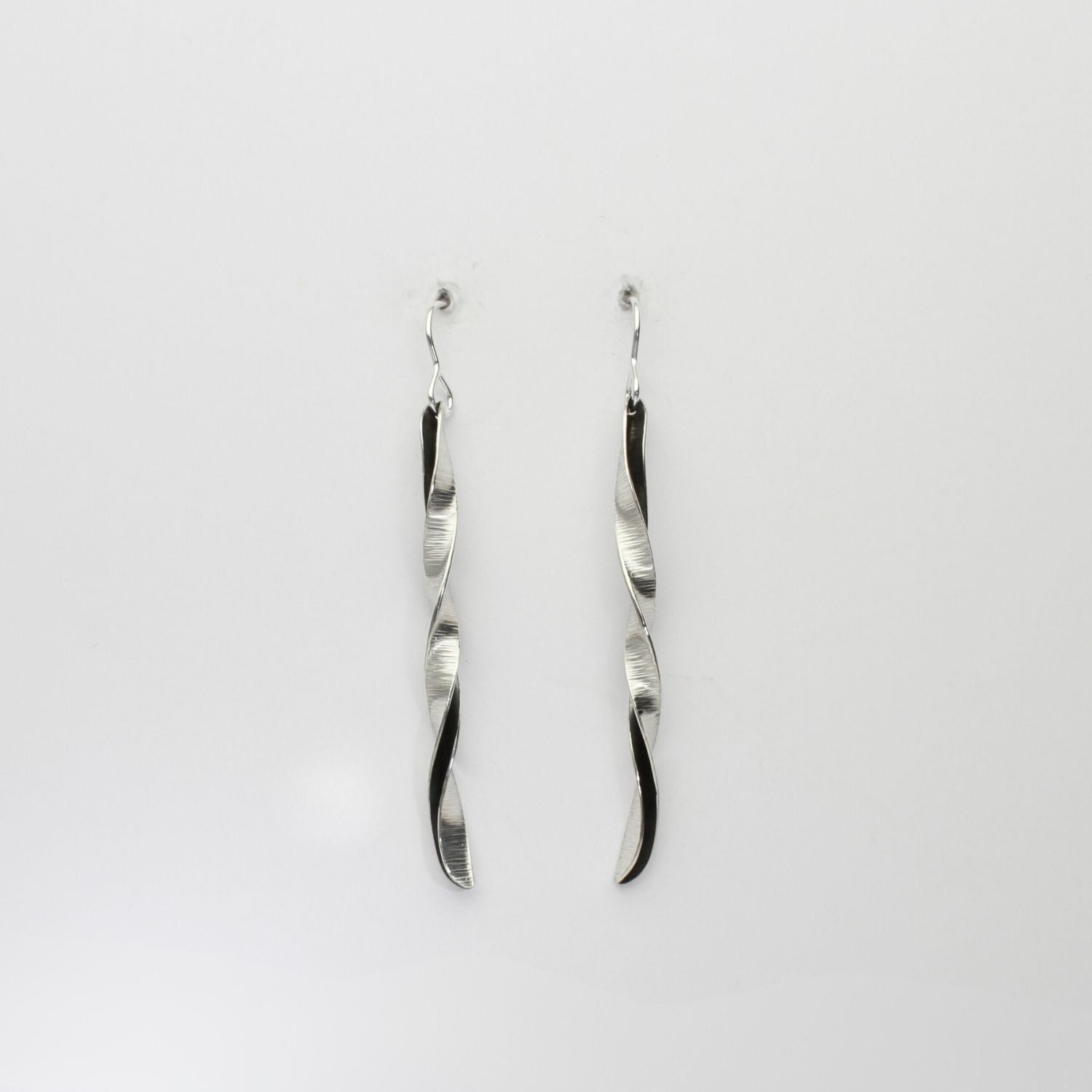 Willow leaf slimeline full twist silver earrings by Yelland and Barker