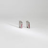 Rectangular silver hoop earrings with rubies by Yuki Mitsuyasu