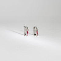 Rectangular silver hoop earrings with rubies by Yuki Mitsuyasu