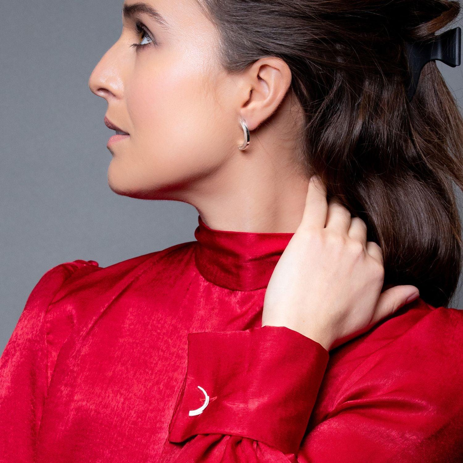 Brushstroke curved earrings and cufflinks, shown together on model — Clustdlysau Arian