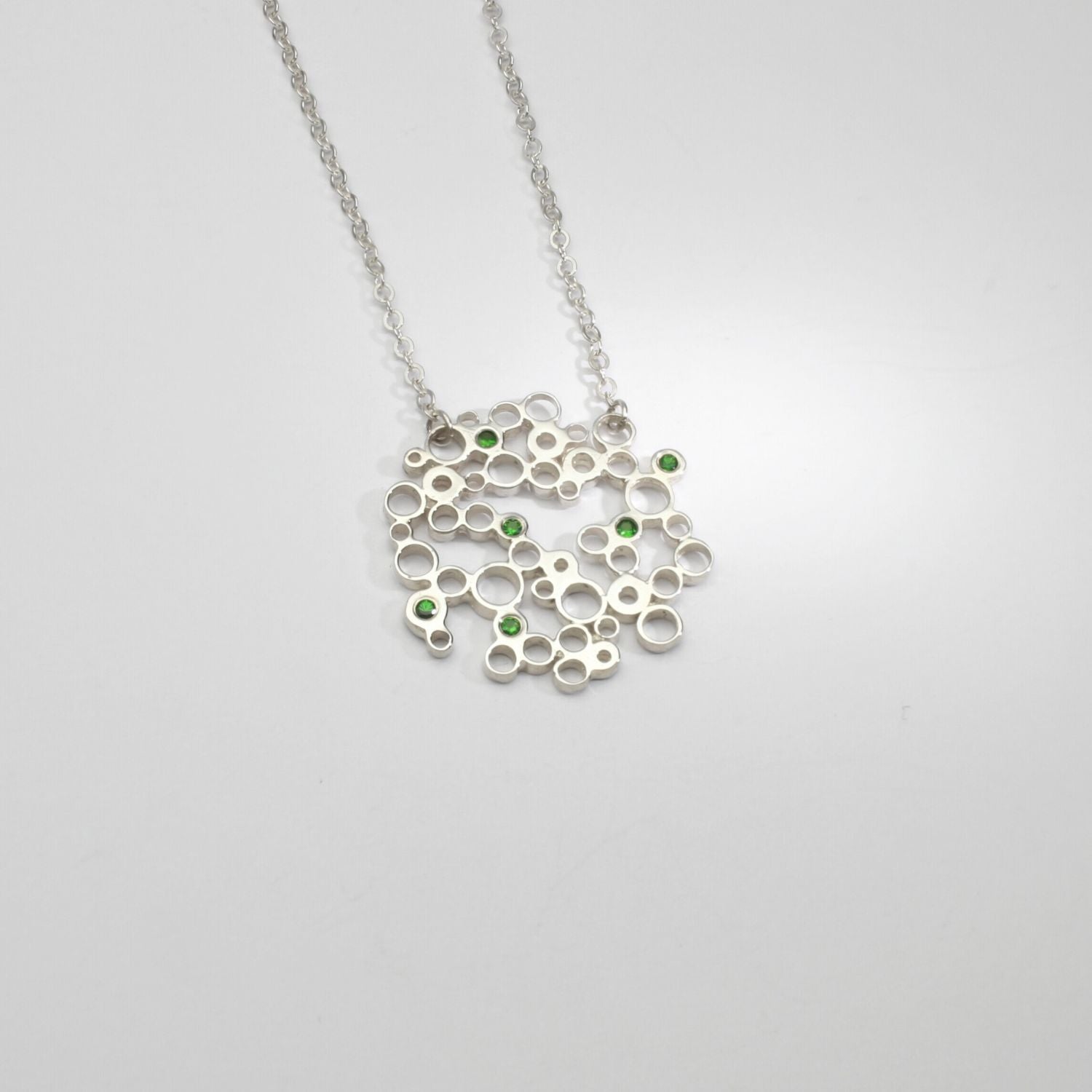 Bubbles pendant set with chrome diopside, sterling silver — clustered circles inspired by rising champagne bubbles — Mwclis Arian