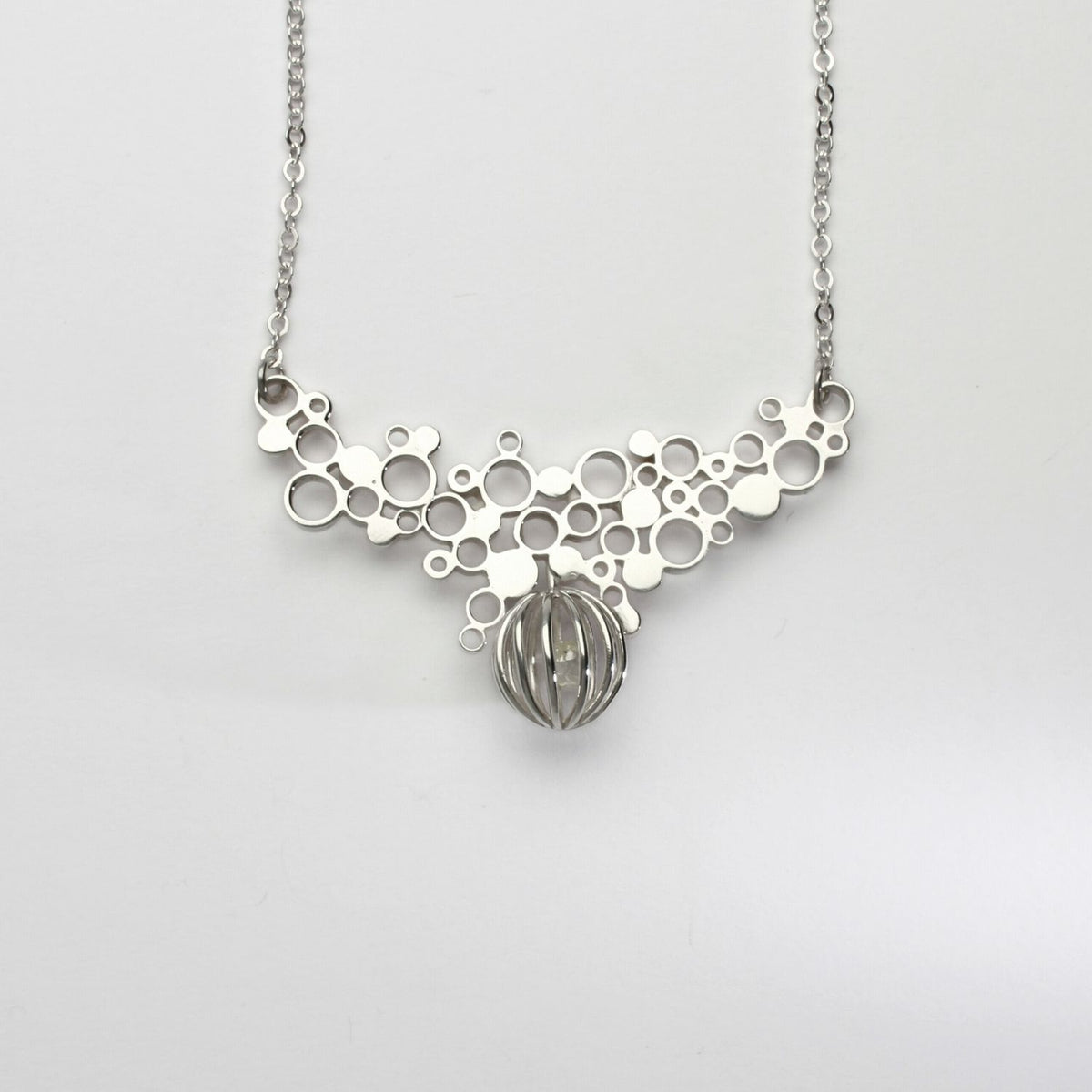Bespoke Bubbles necklace with uncut diamond, sterling silver — clustered circles inspired by rising champagne bubbles — Mwclis Arian