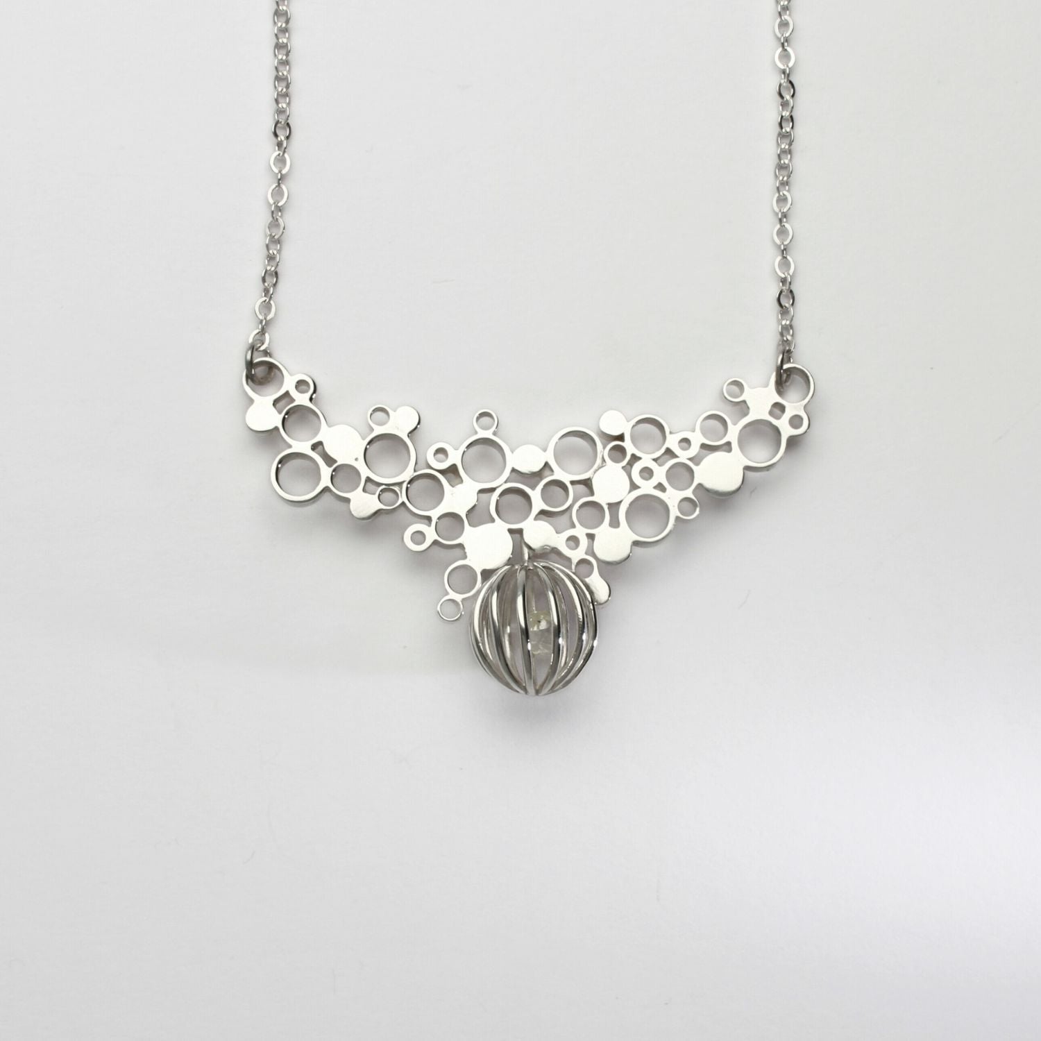 Bespoke Bubbles necklace with uncut diamond, sterling silver — clustered circles inspired by rising champagne bubbles — Mwclis Arian