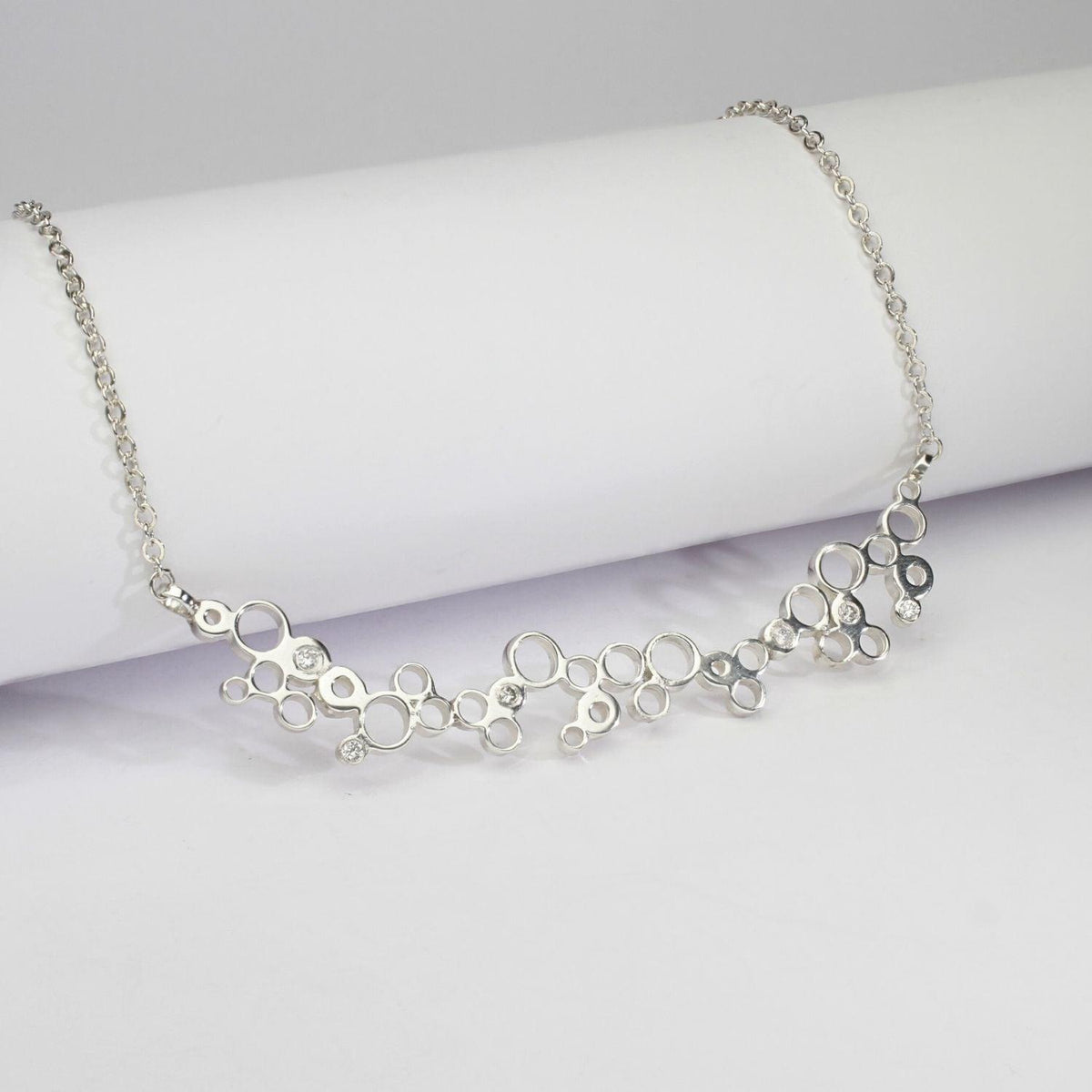 One of a kind Bubbles necklace, sterling silver and diamonds — clustered circles inspired by rising champagne bubbles — Mwclis Arian