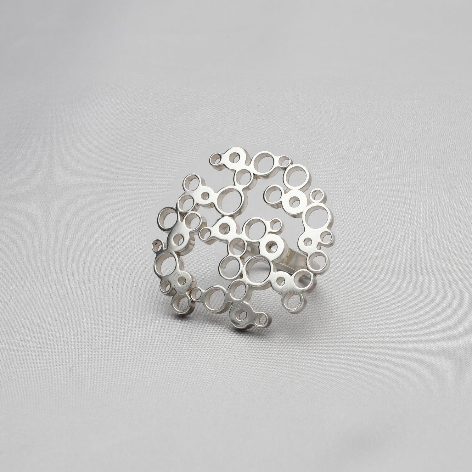 Bubbles statement ring, sterling silver — clustered circles inspired by rising champagne bubbles — Modrwy Arian