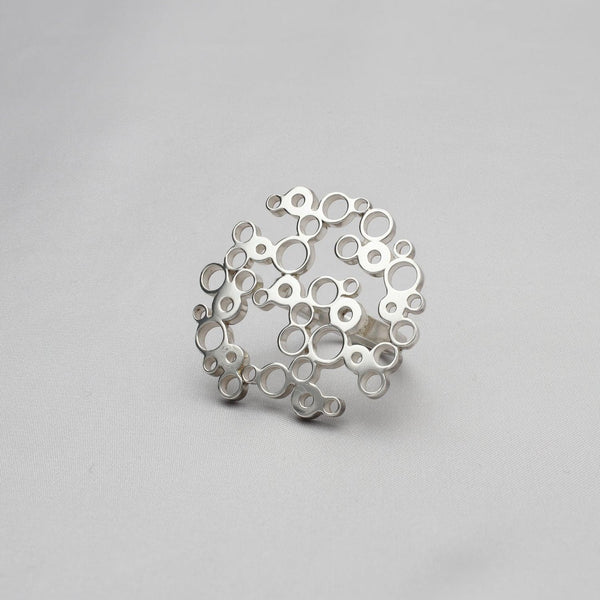 Bubbles statement ring, sterling silver — clustered circles inspired by rising champagne bubbles — Modrwy Arian