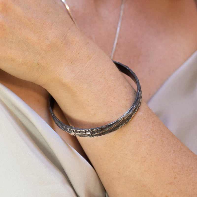 Carved: Wide Black Silver Bangle - Mari Thomas Jewellery