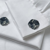 Decorative Concepts cufflinks in black oxidised silver, shown on shirt