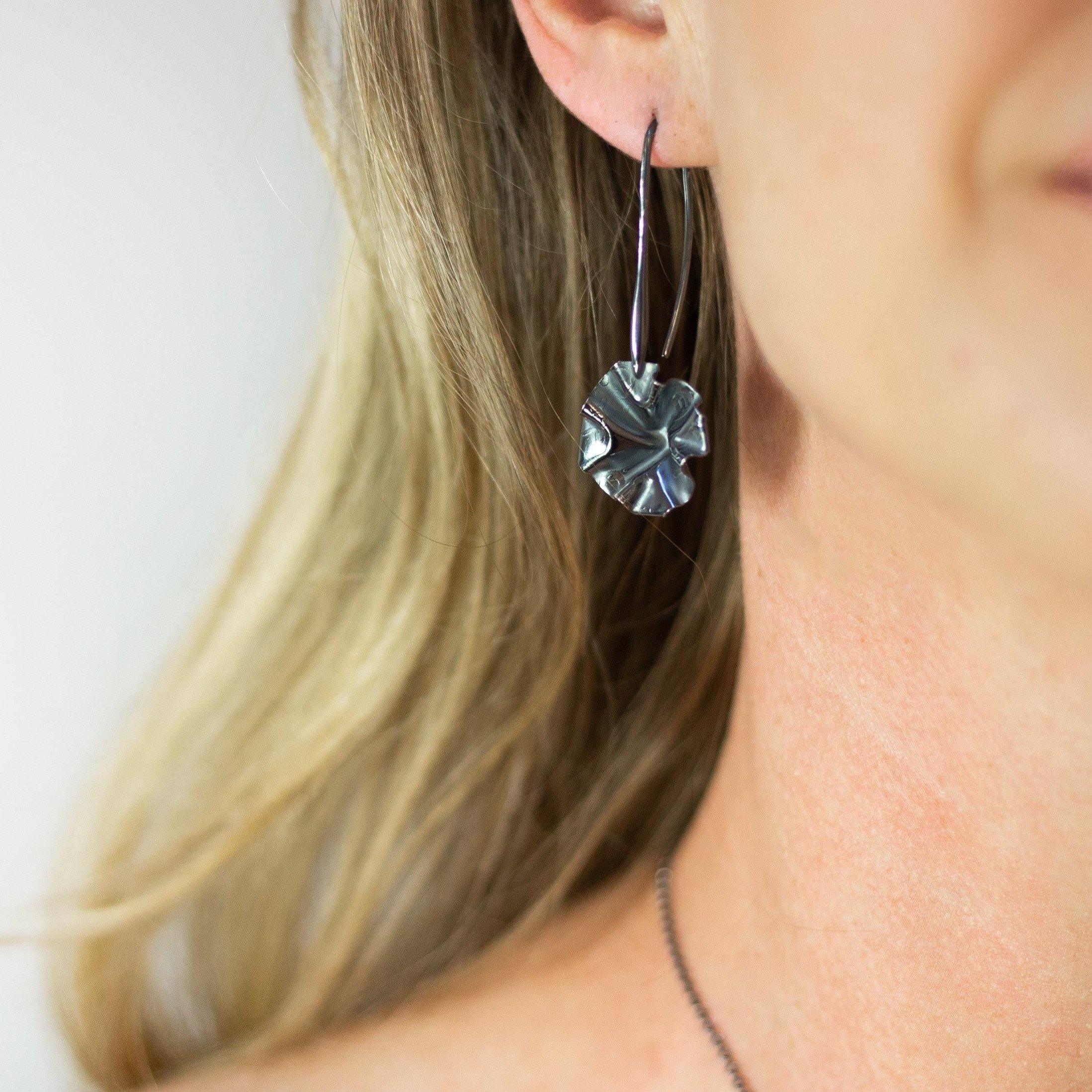 Decorative Concepts drop earrings in black oxidised silver, side view