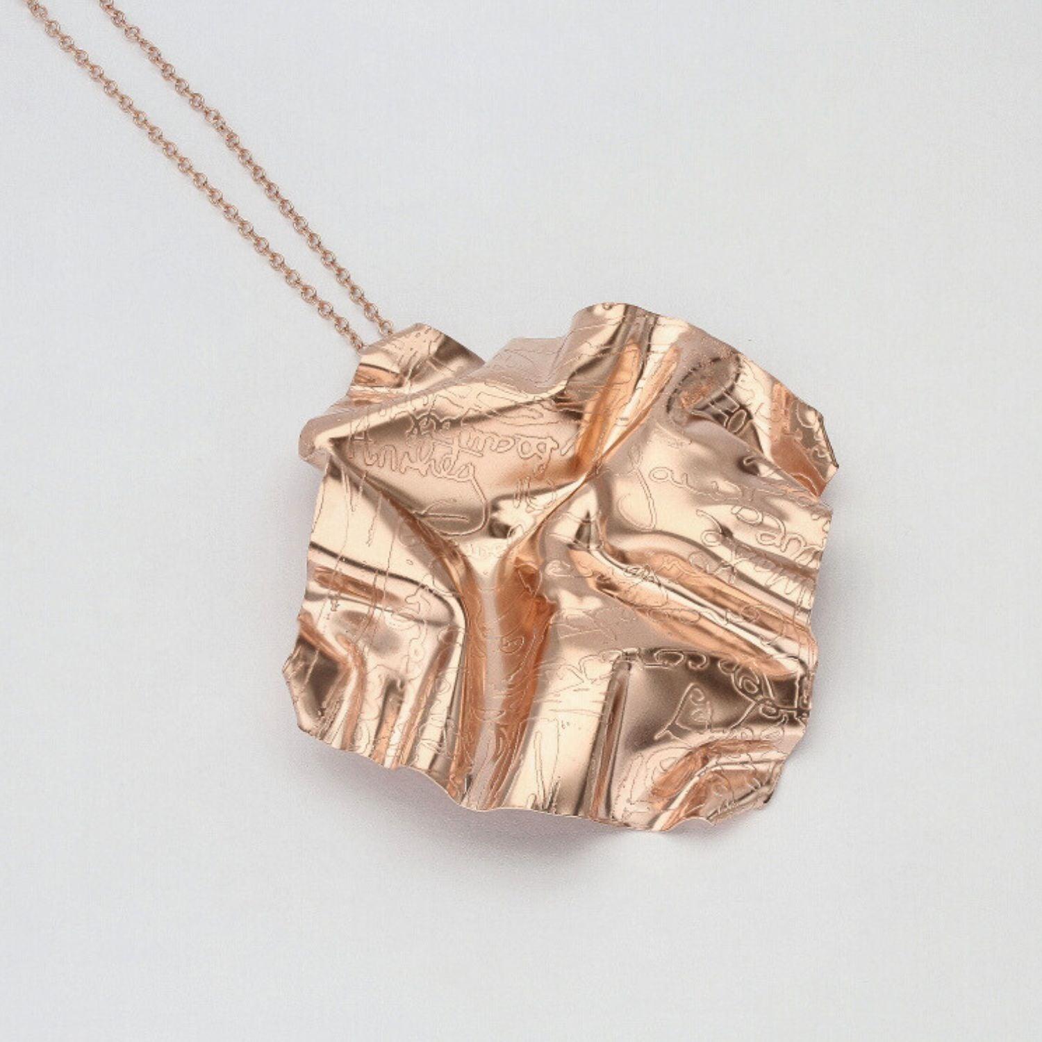 Decorative Concepts large pendant, 18ct rose gold plated silver — covered in Mari's own handwriting at bold scale — Mwclis Arian ac Aur