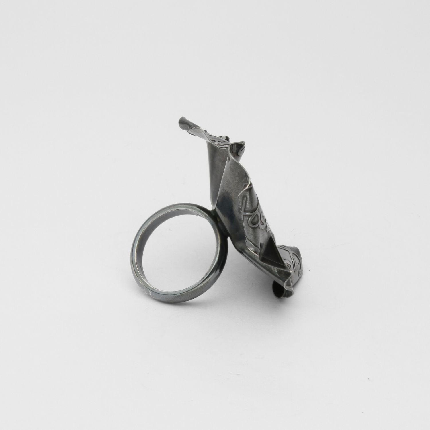Decorative Concepts large statement ring in black oxidised silver, close-up detail
