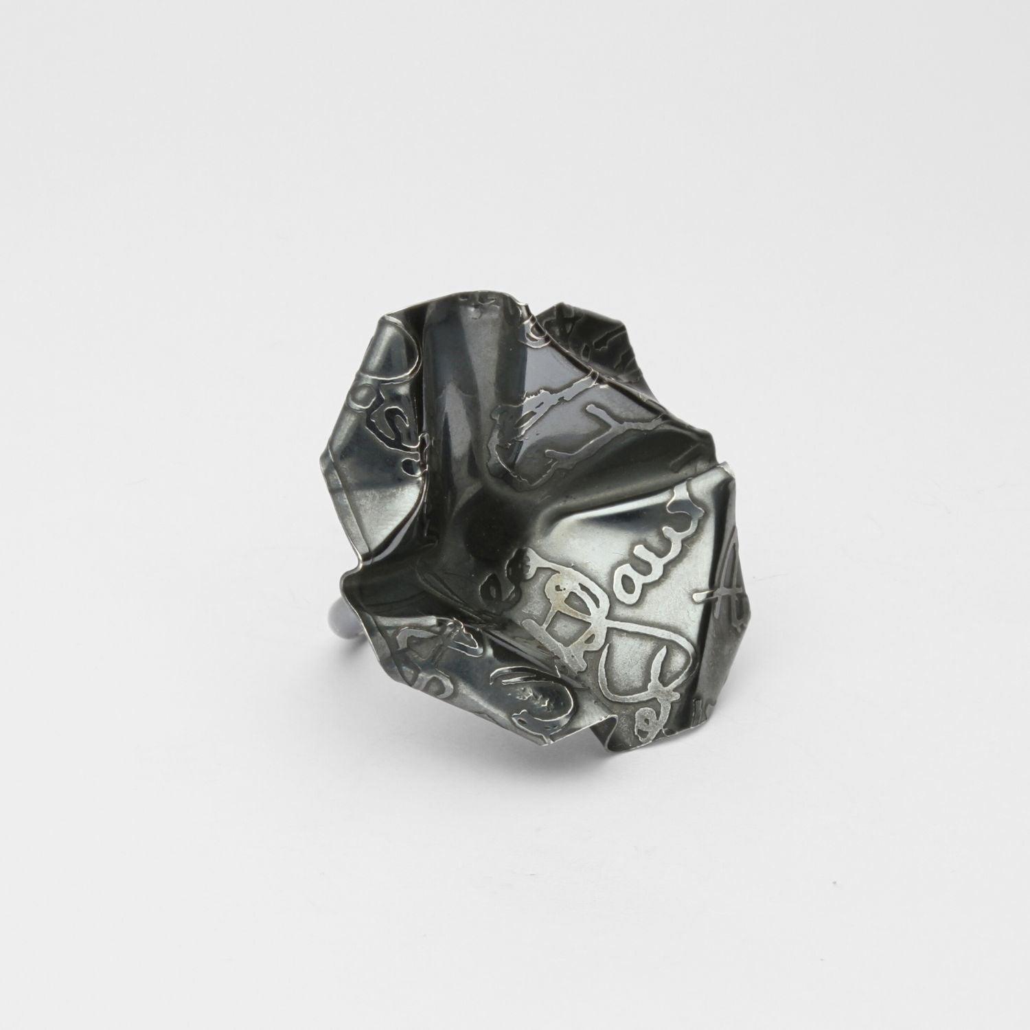 Decorative Concepts large statement ring in black oxidised silver, front view