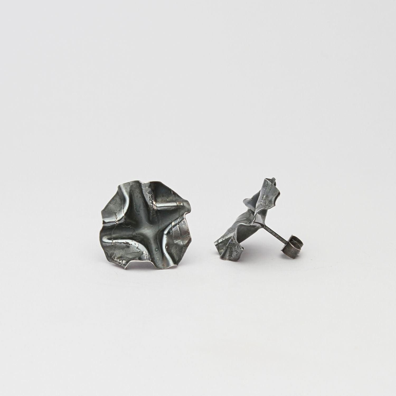 Decorative Concepts large stud earrings in black oxidised silver, close-up detail