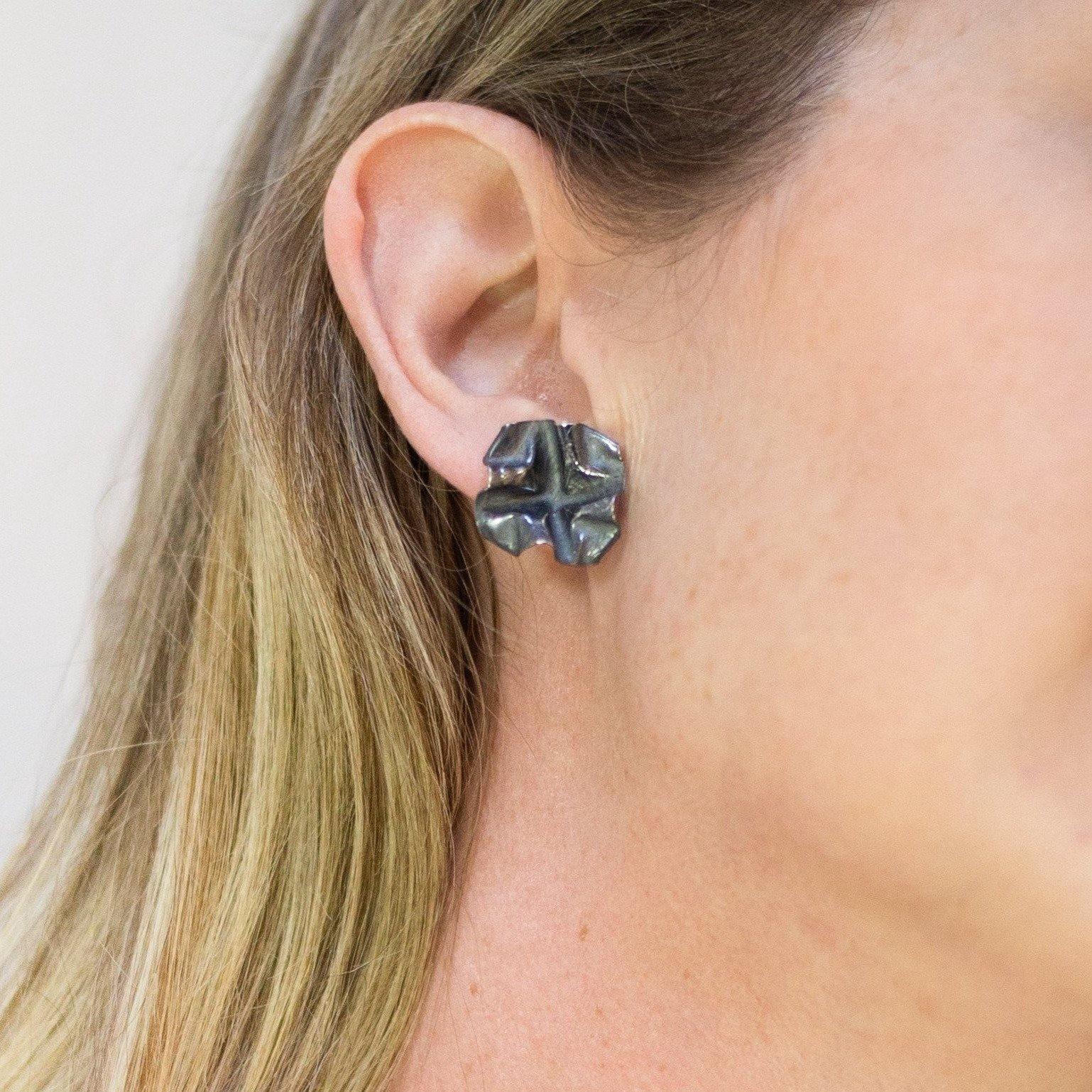 Decorative Concepts large stud earrings in black oxidised silver, side view