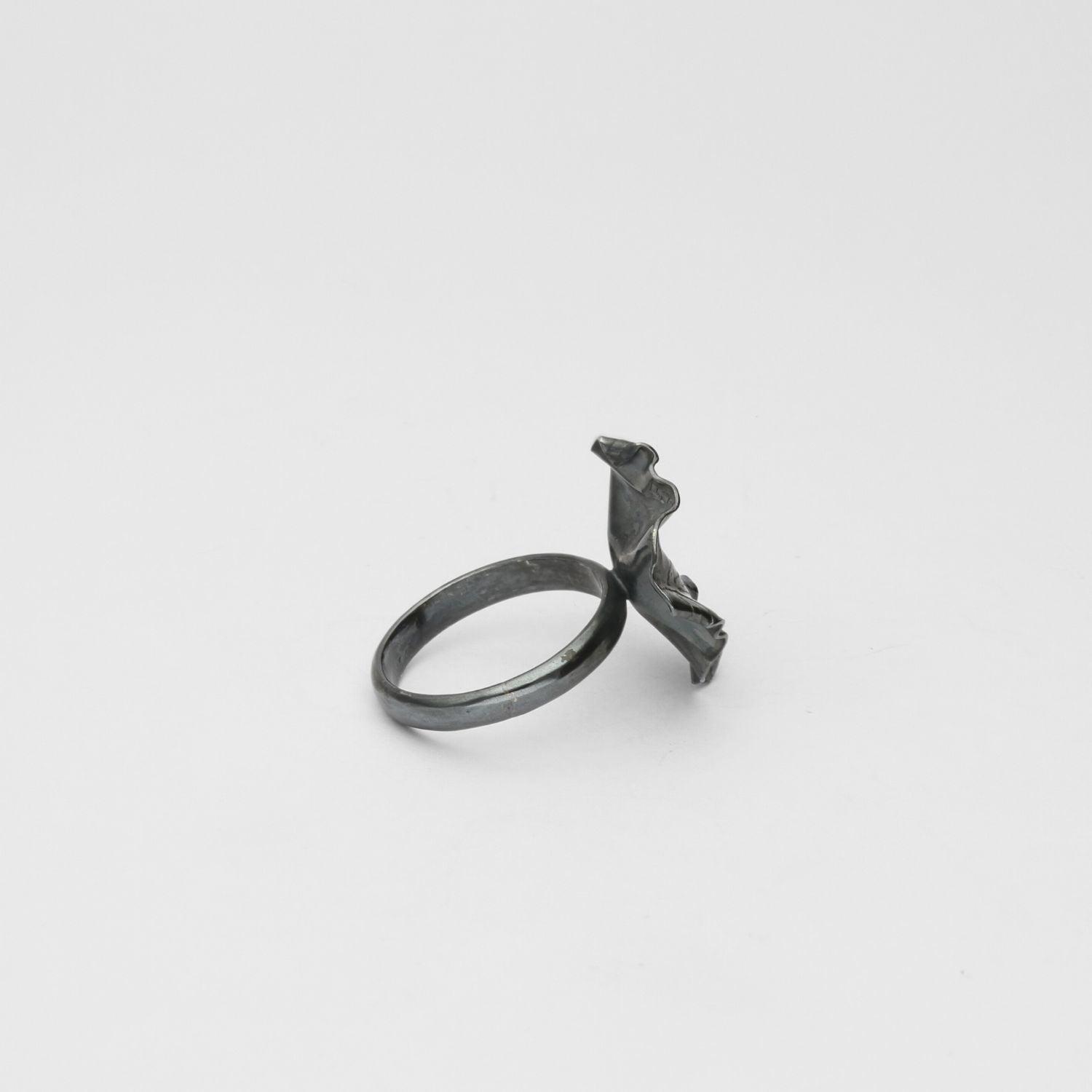 Close-up on the Decorative Concepts ring, echoing an artist's pen stroke — Modrwy Arian