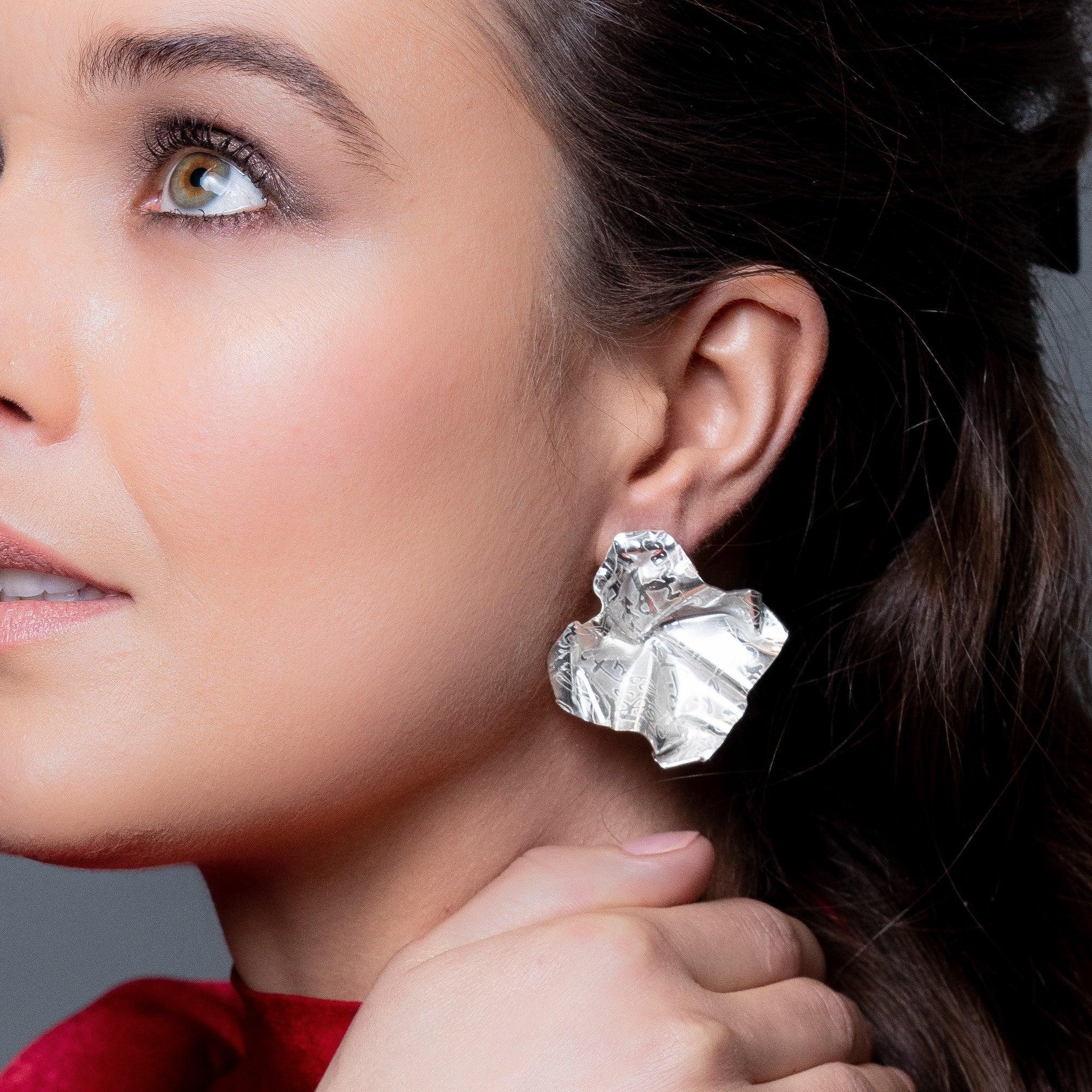 Decorative Concepts statement earrings in black oxidised silver, side view