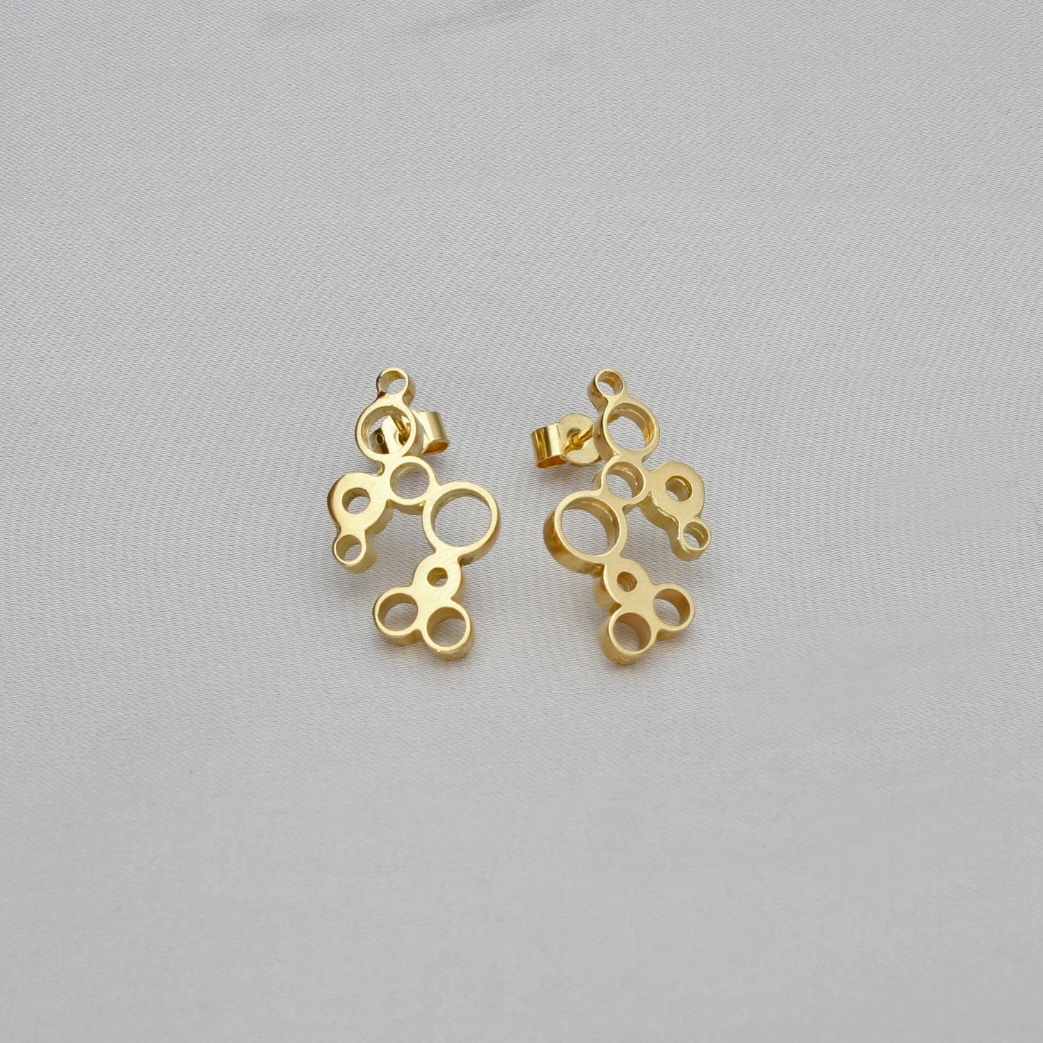 Golden Bubbles statement earrings, 18ct gold — clustered circles inspired by rising champagne bubbles — Clustdlysau Aur