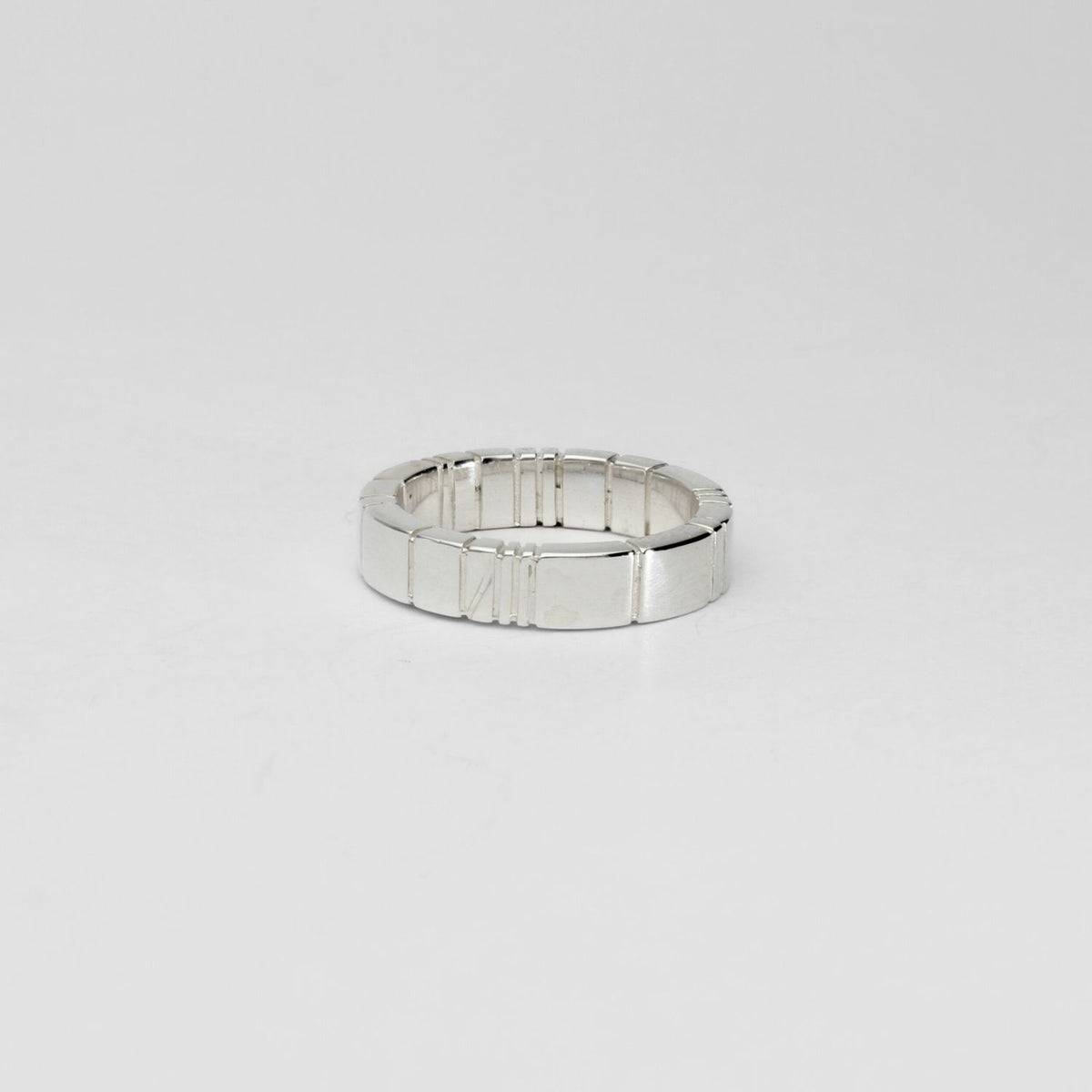 Linear sterling silver ring, front view