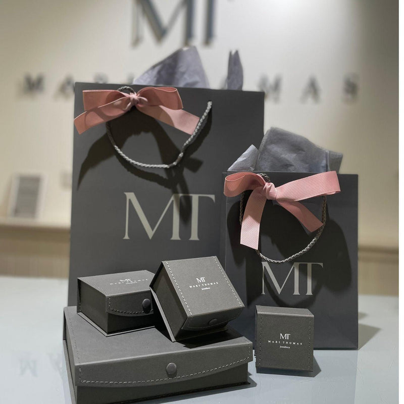 Gift packaging for Mari Thomas Jewellery. Award winning  designer of contemporary Welsh silver jewelry. Made in the UK