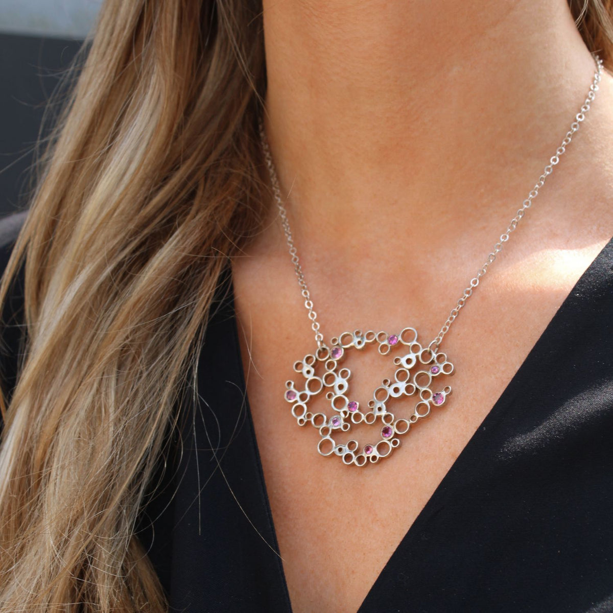 One of a Kind: Bubbles Large Silver Pendant with Pink Tourmaline