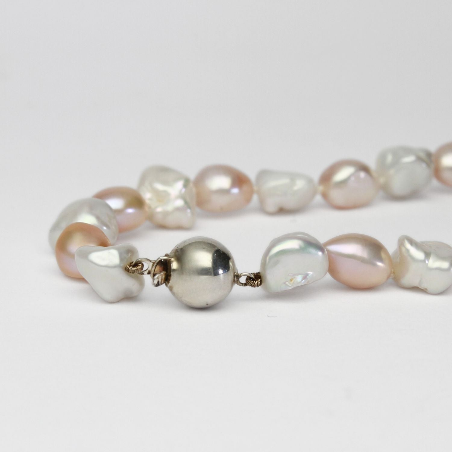Pink & white baroque cultured pearl necklace with round ball clasp